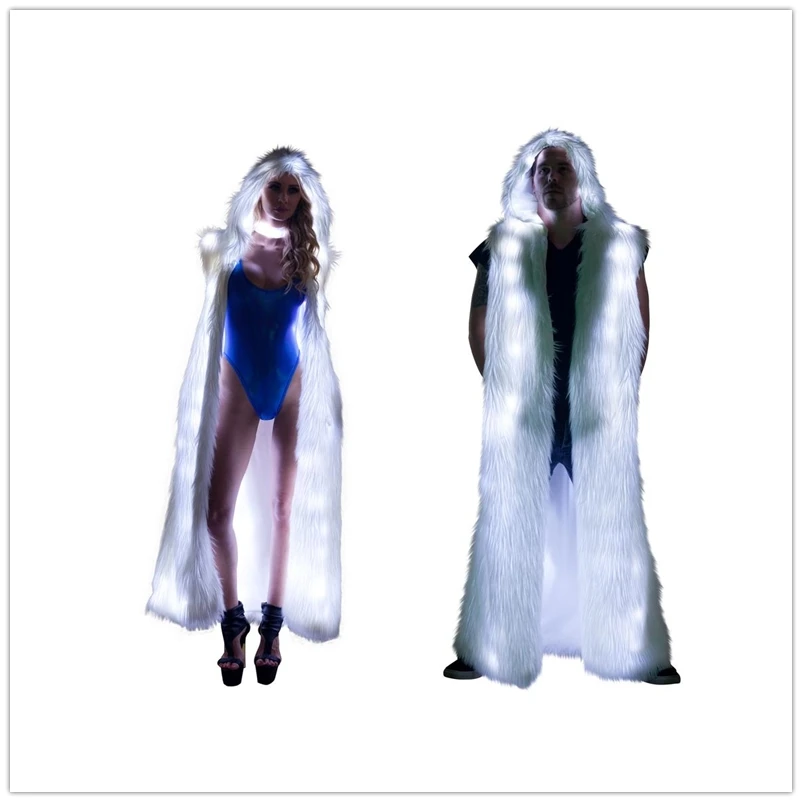 Пара Длинные светодиодный жилет из искусственного меха, пальто светодиодный световой одежда для ночных клубов куртка с капюшоном костюмы на Хэллоуин одежда