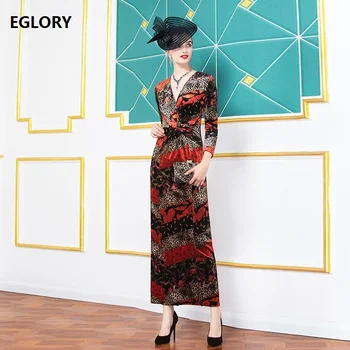 

Velvet Long Dress 2019 Autumn Winter Evening Party Vestidos Women V-Neck Sexy Wild Leopard Print Ankle Length Bodycon Dress XXXL