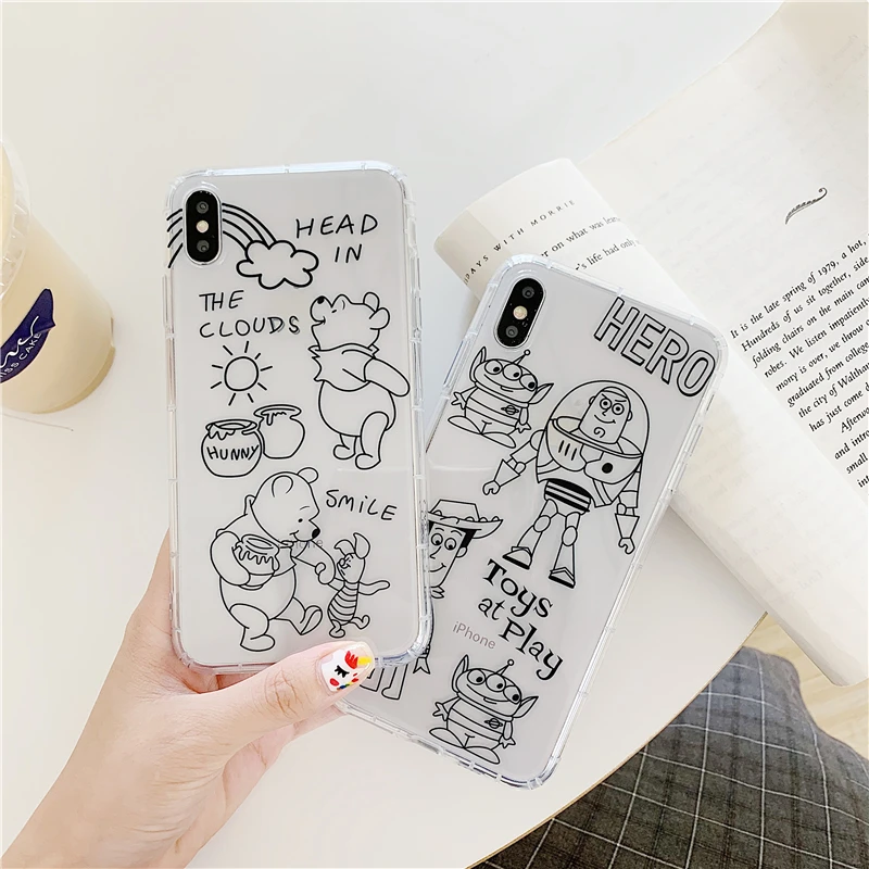 

Cute Buzz Lightyear Winnie bear Cover Case For iphone X Xs Max Xr 8 7 6 s Plus Cartoon Toy Story sketch clear Silicon soft Coque