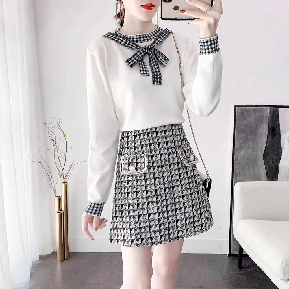 

New winter autumn women sweaters skirt fashion suits bowknot sweater plaid skirts two-piece outfit sweet clothing set knitwear