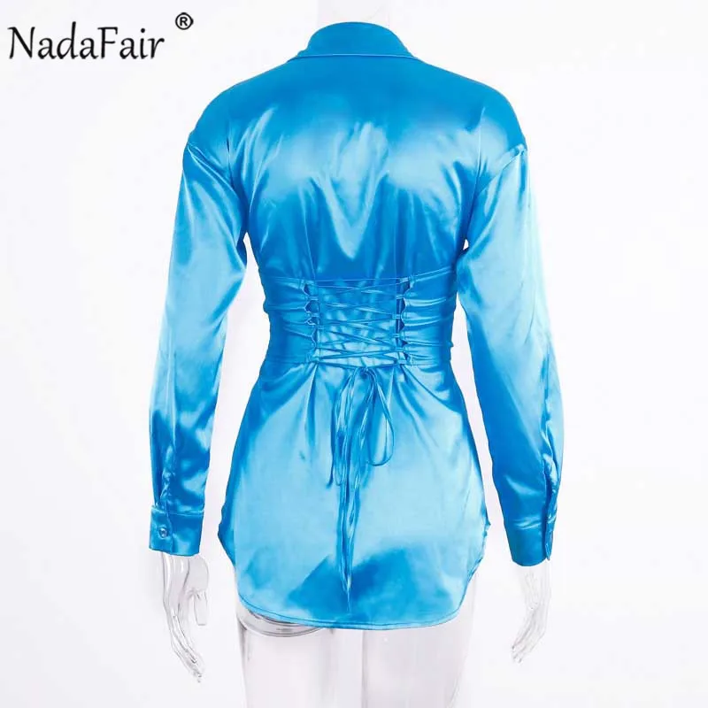 Nadafair/туника с поясом, длинная шелковая блузка, женская рубашка, осень, бандаж на спине, длинный рукав, атласные женские топы и блузки