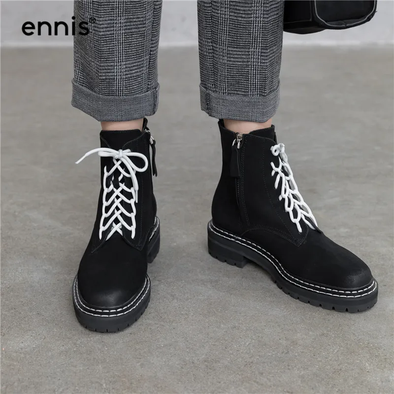 ENNIS Autumn Winter Women Boots Genuine Leather Platform Thick Sole Martin Boots Lace Up Ankle Boots Suede Zip Shoes A9160