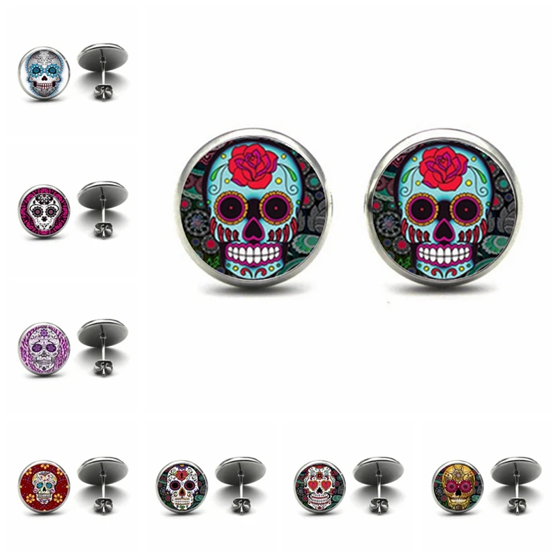 

Halloween Charm Skull Ear Studs Sugar Sugar Skull Earring Skulls Jewelry Glass Cabochon Earrings Gifts for Girl Wholesale