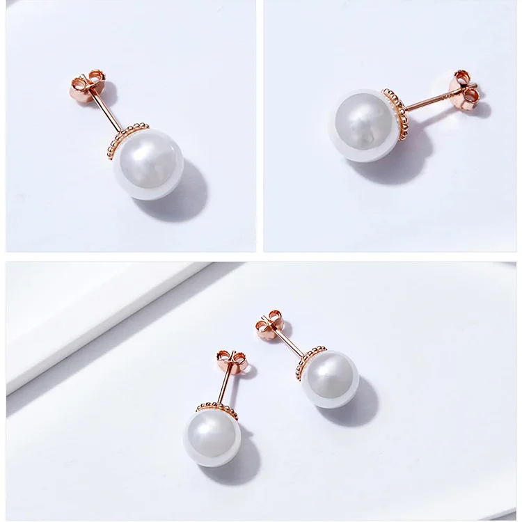 BAMOER Dazzling Zircon 925 Sterling Silver Quality Shell Pearl Stud Earrings for Women Fine Jewelry Wedding Anniversary Gift