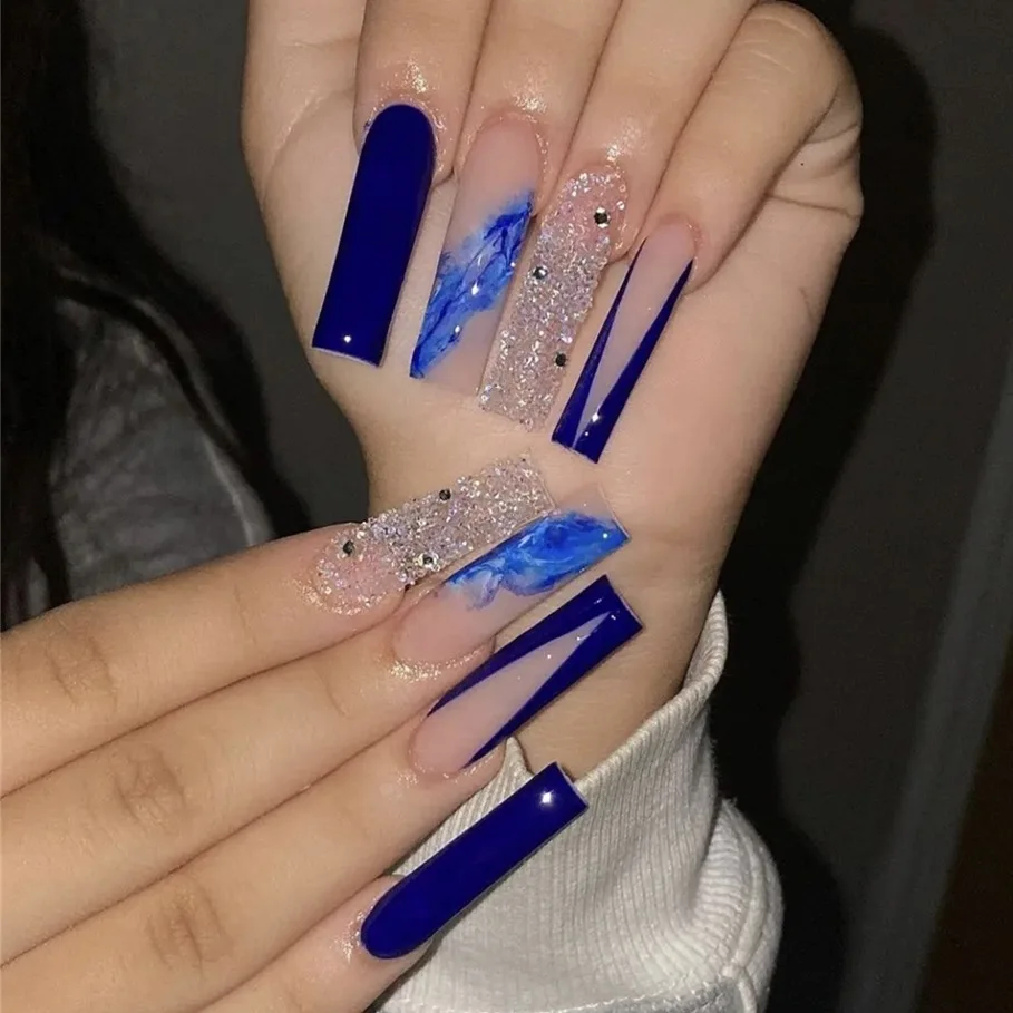 Dark Blue Coffin False Nails With Small Rhinestone Fake Nails Press On Nails  Full Cover Nail Tips Wearable Nail Stickers Art - False Nails - AliExpress