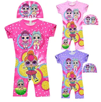 

Girls L.O.L Swimwear Summer Toddler Cartoon One Piece Swimsuit Splice Beach Wear Bathing Suit with Swimming Cap Sets for Girl