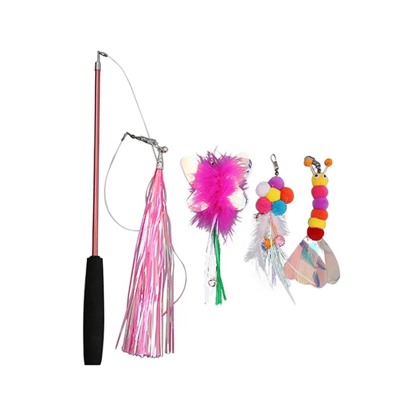 Набор красочных игрушек для питомцев кошек с палочками-прорезывателями, с бабочкой, пером, колокольчиком, сменными забавными палочками
