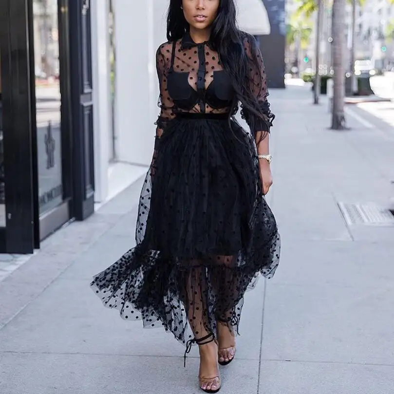 Women Mesh Polka Dot See Through Maxi Dress Elegant Long Sleeve