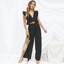 FEECOLOR two-piece 2020 summer wild women's sexy V-neck ruffled sleeveless chiffon top split fork wide leg trousers
