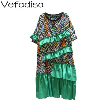 

Vefadisa Green Ruffles Patchwork Women Dress 2020 Summer Knee-Length Dress Short Sleeve Striped Women Dress Loose QYF2202