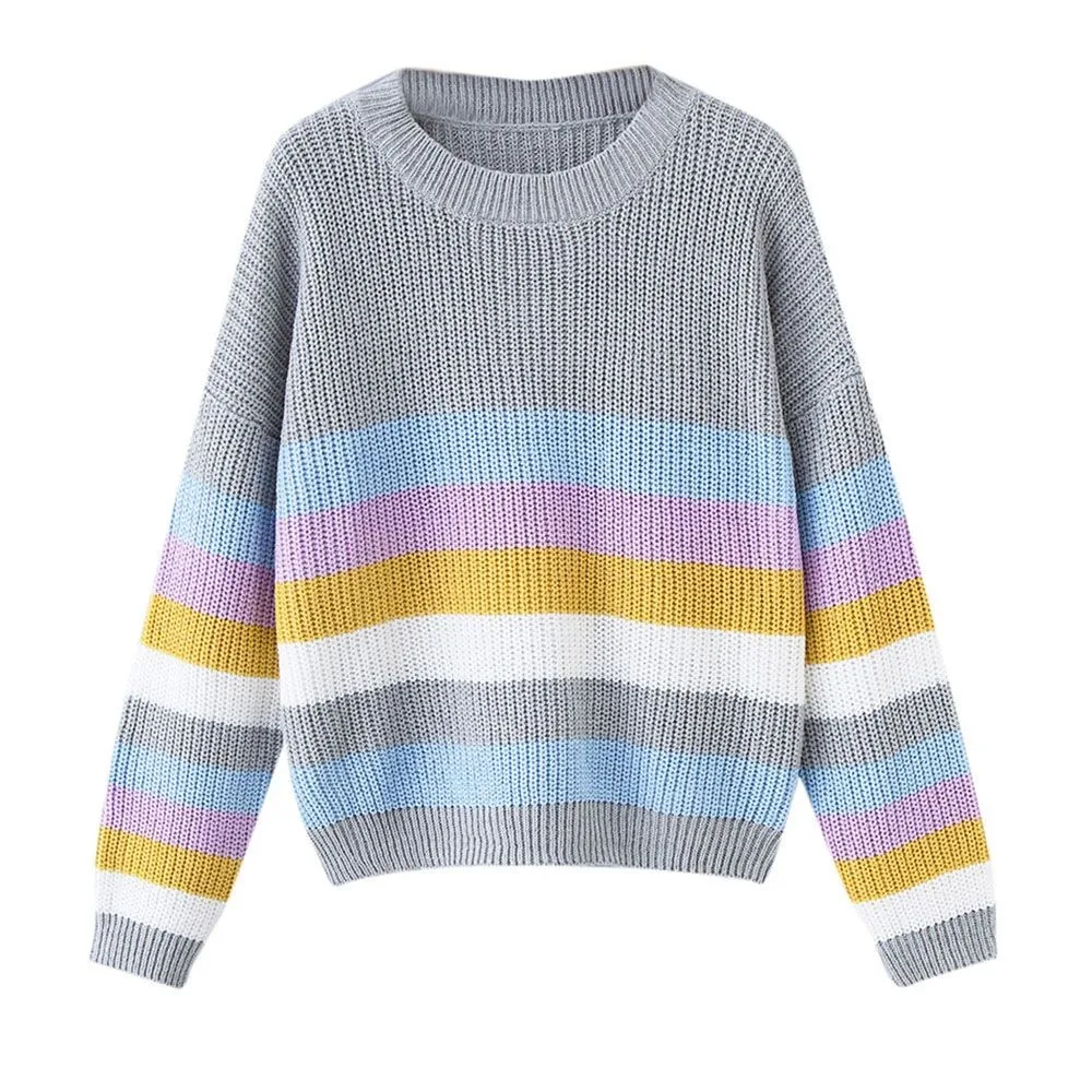 Sweater Women Pullover Sweater Rainbow Sweater O-neck Long Sleeve Korean Style Women Sweters Women Invierno 2019 Knitted Sweater