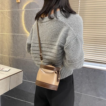 

Fashion PU Bucket Bag Women Pleated Hit Color Female Shoulder Messenger Handbags
