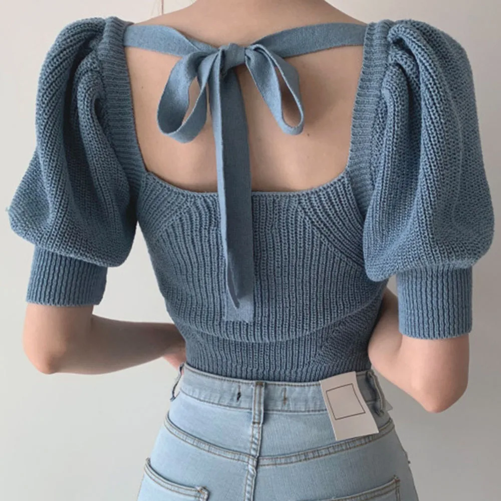 

Knitted Top Korean Sweet Back Tie Up Fall Short Sweater 2020 Chic Vintage Puff Sleeve Slim Women Pullover Knitwear Tops Blue