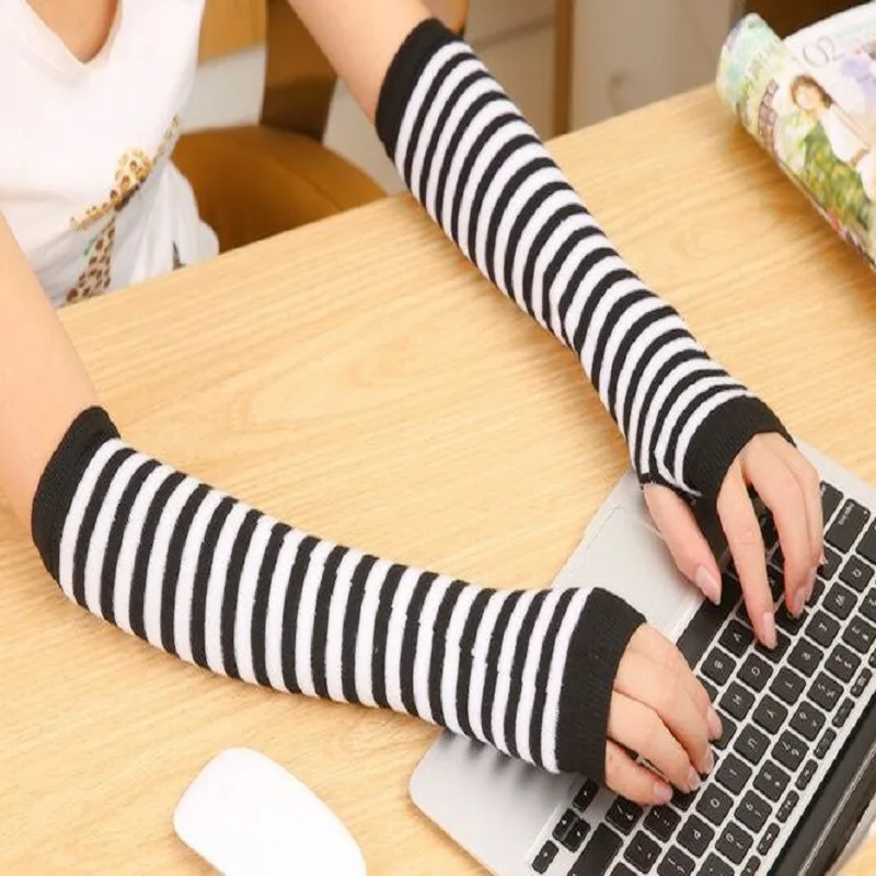 Fingerless Gloves Sleeve Anime Striped Elbow Glove Women Fishnet Sports Emo  Mesh Oversleeve Long Keep Warm Sleeves