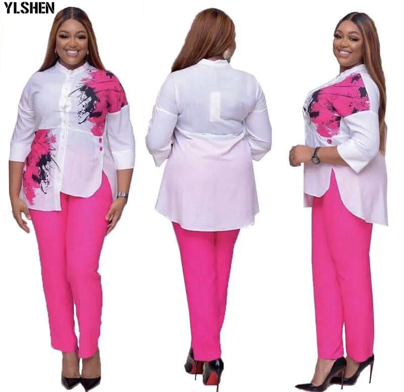 African Women Sets Print Long Sleeve Blazer T-shirt Pants Suits Office Lady Elegant 2 Piece Set Business Outfits Africa Clothing 09