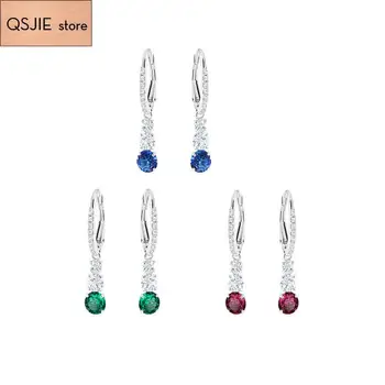 

QSJIE High quality SWA noble three step crystal colorful Water Drop Earrings Blue Zircon Earrings