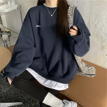 Autumn Korean Women Sweatshirt Casual O-neck Solid Thick Chic Hoodies Fashion Letter Long Sleeve Fleece Winter Female Pullover 1