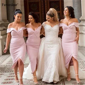 

Favordear Pink Sexy Mermaid Tea-length Bridesmaid Dress Vestido Dama De Honra Off The Shoulder Front Split Formal Dress 2019