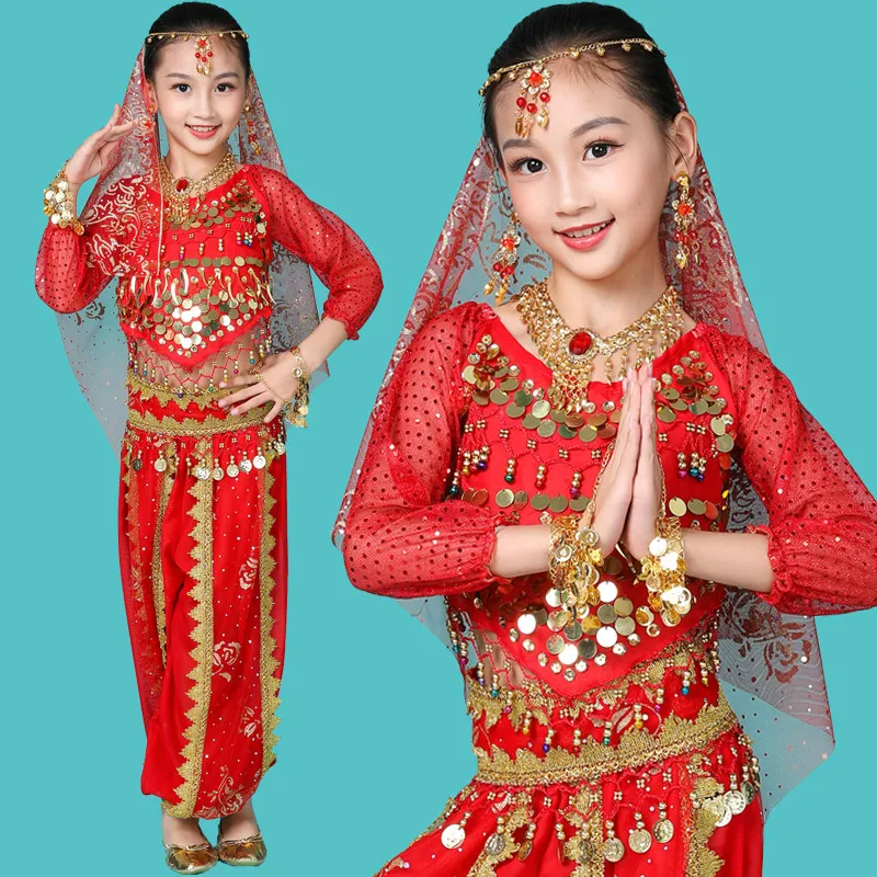 

Girl Bollywood Indian Dance Chiffon Belly Dance Performance Clothes Sets for Kids Egypt Bollywood Costume Oriental Party Dance