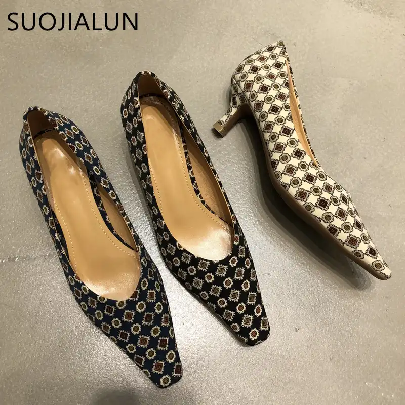 Suojialunファッション女性印刷パンプスポインテッドトゥ5センチメートル小剣超高ヒールセクシーな女性パーティーシューズエレガントな浅い靴 レディースパンプス Aliexpress