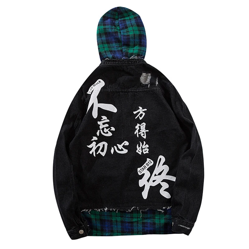

Plaid Print Hooded Patchwork Denim Jacket Man/Women Autumn Hip Hop Outwear Single Breasted Holes Jeans Coats and Jackets 2019