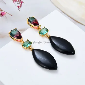 

GG Jewelry Natural Stone Multi Color Crystal Black Onyx Dangle Stud Earrings classic for women lady fashion jewelry gift