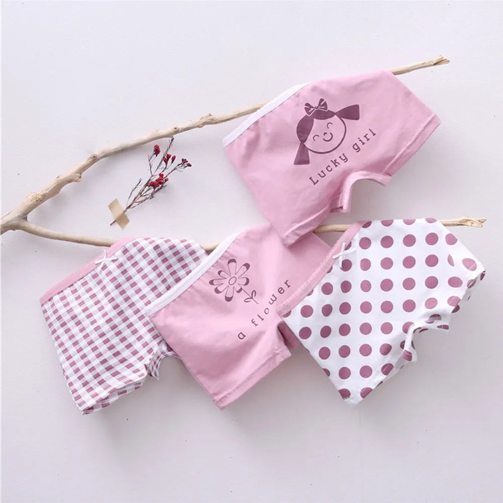 Girls Panties Kids Cotton Underwear Children\'s Briefs Wave Point Trellis Cartoon Short 4Pcs/lot