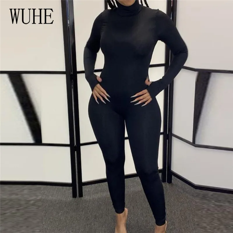 

WUHE Black Bodysuit Back Zipper Long Sleeve Sexy Jumpsuit Women Skinny Bandage Spandex Polyester Romper Autumn Long Pants
