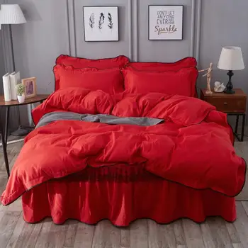 

Red bed skirt plain lace bed skirt quilt cover pillowcase 4 piece bedding set