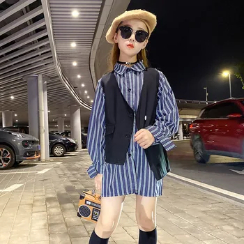 

Teen Student Set for Girls Clothes Casual Long Sleeve Striped Shirt Vest Two-piece Suit Autumn New Kids Clothing Sets 8 10 Years