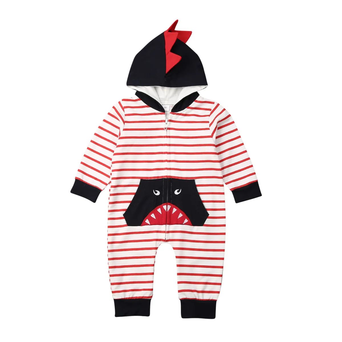 New Fall Autumn Clothes Newborn Toddler Baby Boys Long Sleeve Shark Hooded Romper Striped Zipper Outfit Casual Set |