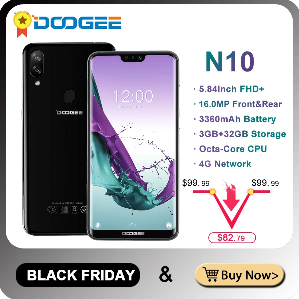 DOOGEE N10 Восьмиядерный 3 ГБ ОЗУ 32 Гб ПЗУ мобильный телефон 5,84 дюймов FHD+ 19:9 смартфон 16 МП камера 3360 мАч Android 8,1 4G LTE мобильный телефон