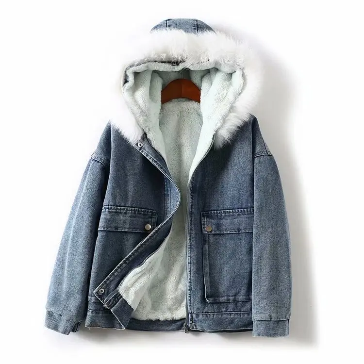 

Europe And America WOMEN'S Dress 2019 Winter New Style Fur Collar Lining Lambs Wool Hooded Jeans Coat