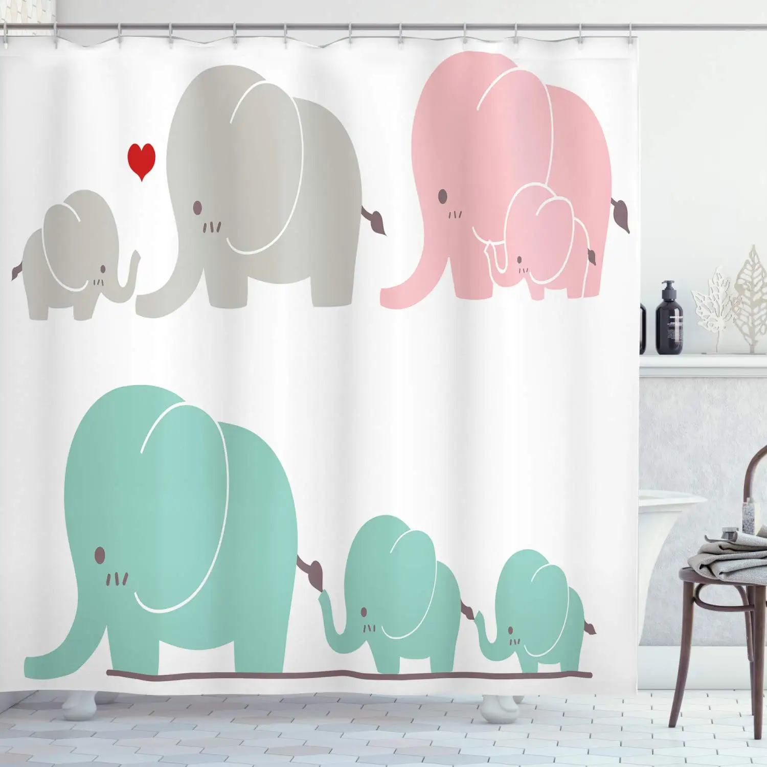 Nursery Shower Curtain Family Love Theme Elephants Mother's Day Baby Children Cloth Bathroom Decor Set with Hooks 70" | Дом и сад