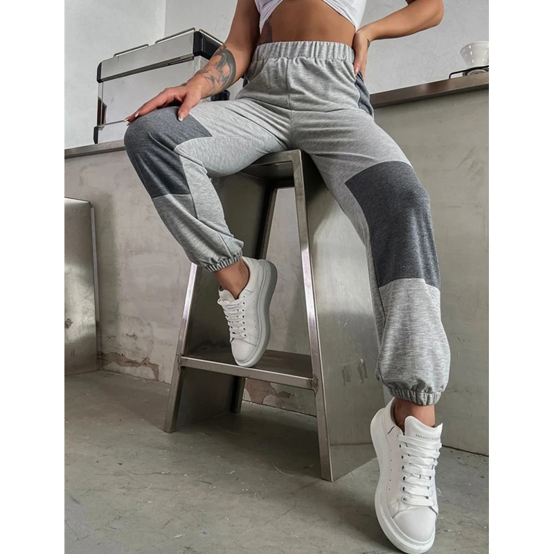 

Fashion Womenâ€™s Pants Trousers Womens Clothing Color Block Pants Elastic High Waist Trousers Sweat Pants Calcas Feminina