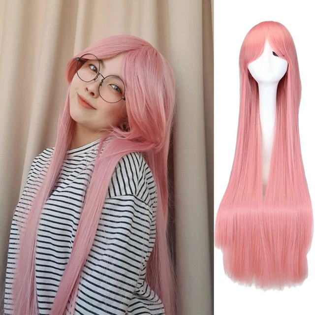 QQXCAIW Long Straight Cosplay Wig Black Purple Black Red Pink Blue Dark Brown 100 Cm Synthetic Hair Wigs pink