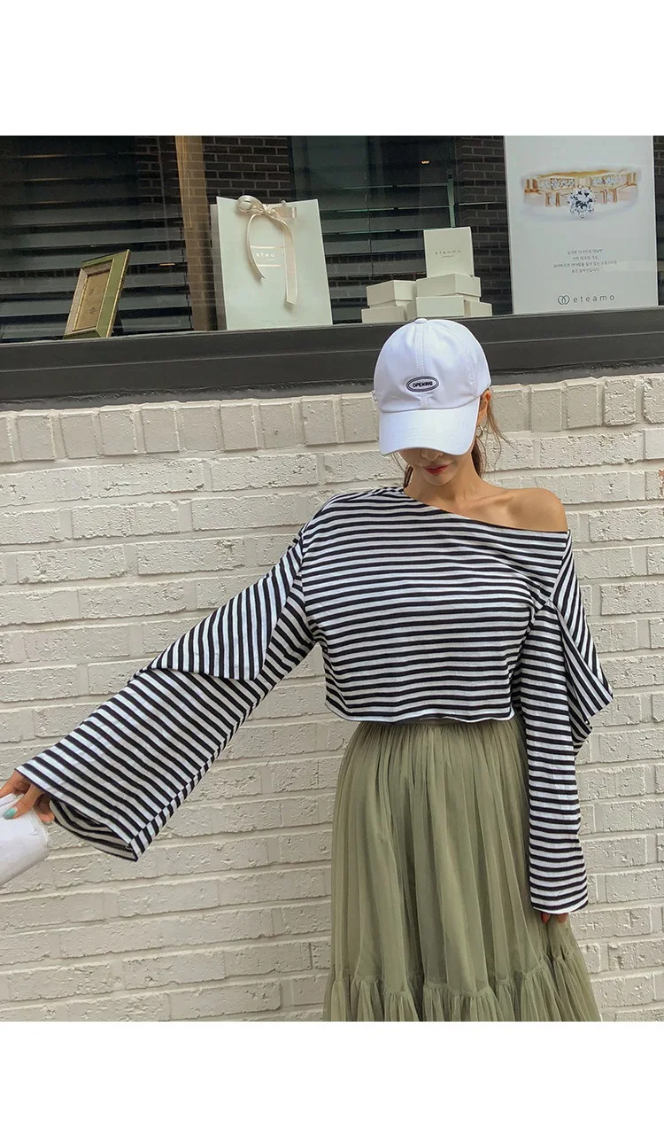 SuperAen/Полосатые Асимметричные женские футболки из дикого хлопка; Повседневная модная женская футболка с длинными рукавами; Осенняя Новинка года