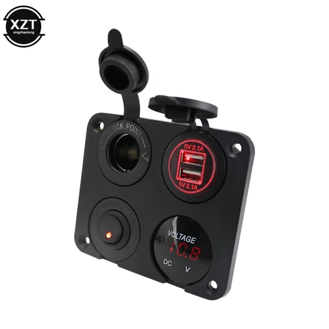Toggle Rocker Switch Panel Digital Voltmeter Dual USB Port 12V Outlet Combination Waterproof for Car Marine 4 Holes Panel