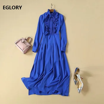 

Blue Long Dress 2019 Autumn Style Women Ruffled Collar Pleated Ruffle Flower Patterns Long Sleeve Maxi Dress for Party Ladies