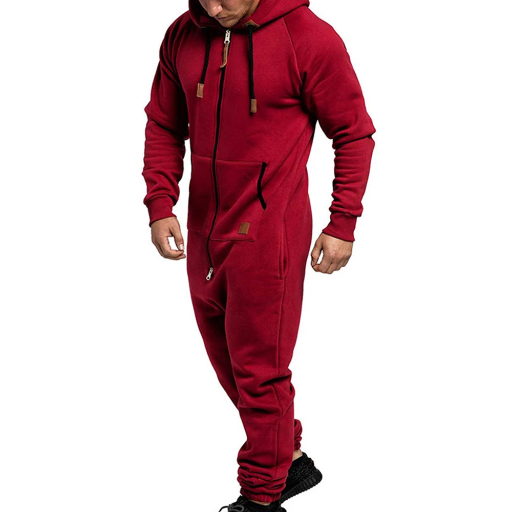 Onesie Men Jumpsuit Sleeping Clothes Zipped Up Men One Pieces Hooded Jum Psuit Solid Long Sleeve Winter Warm Adult Onesie cheap pajama pants