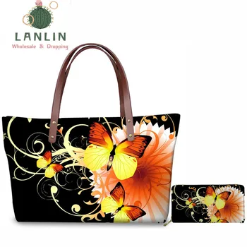 

LALIN 2pcs Travel 3D Handbags Set Golden Butterfly Pattern Women Casual Shoulder Bags Ladies Large Capacity Top-handle Bag Girls