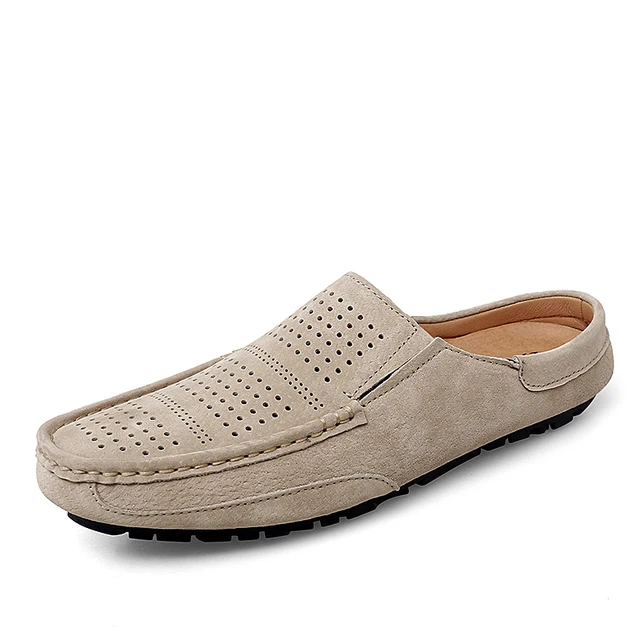 Man Summer Fashion Pig Skin Casual Half Shoe Male Breathable Soft Backless Half Loafers Hombre Open Back Leather Comfy Mocassins Khaki with holes