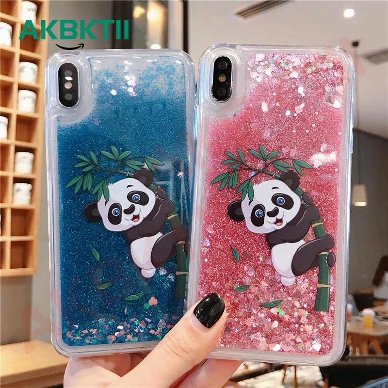 Чехол AKBKTII для iPhone 8 6 6S 7 Plus X XS XR MAX Cute Panda Dynamic Liquid Блестящий песок чехол телефона |