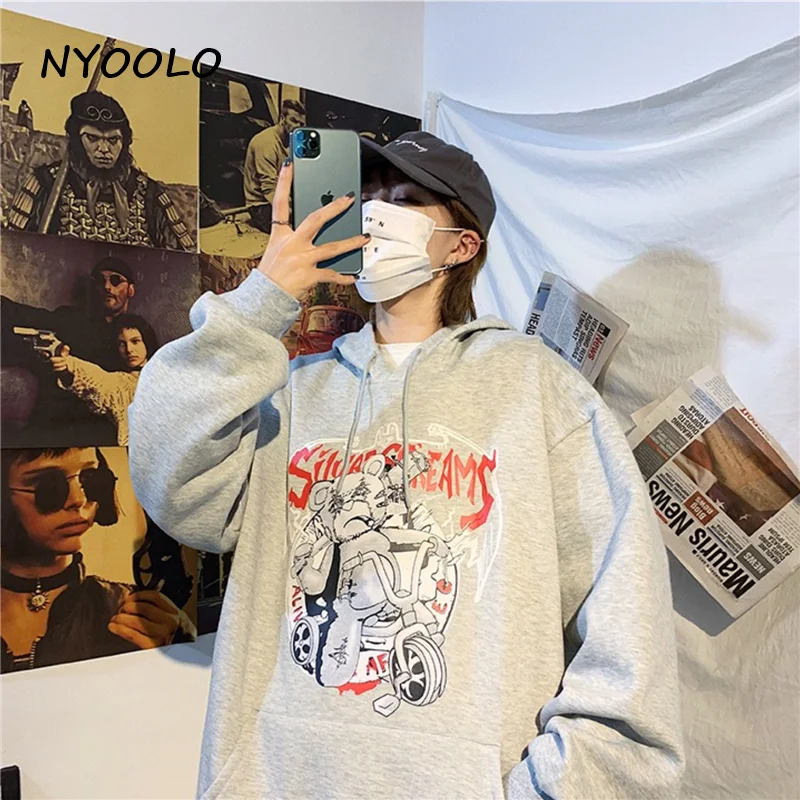 NYOOLO Harajuku уличный Забавный медведь с буквенным принтом, свободные теплые толстовки, осенне-зимние пуловеры с капюшоном, флисовая Толстовка для женщин и мужчин