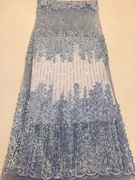 

Nigerian Lace Fabrics 5yard 3D Sequins lace fabric net lace fabric 2019 Sequins, blue lace fabric for haute couture dress