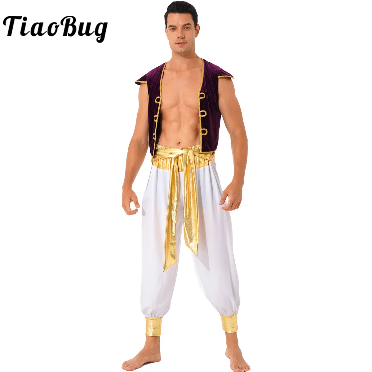 

Mens Fancy Arabian Prince Lamp Costumes Halloween Cosplay Carnival Dress Up Outfits Vest Waistcoat +Belted Bloomers Pants Set