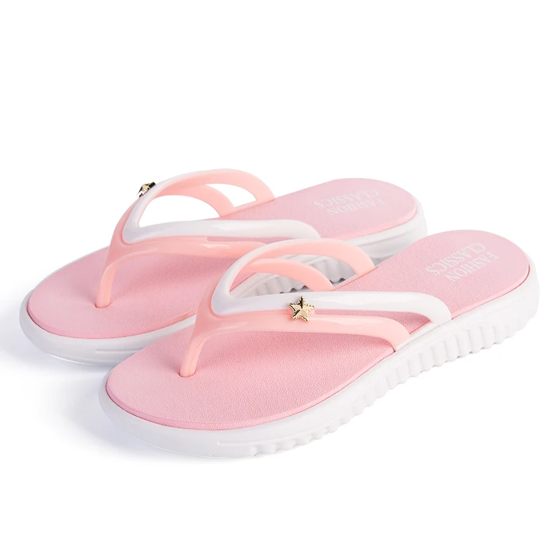 Womens Summer Slip-on Shoes Anti-slip Hard-wearing Fashion Leisure Slippers Beach Swimming Walking Indoor T-tied Flip Flops - Цвет: Pink