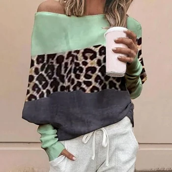 

Fashion Spring Autumn Woman T-shirts Off Shoulder Patchwork Leopard Loose Batwing Sleeve Tee Tops Pullover Ladies Shirt Newest