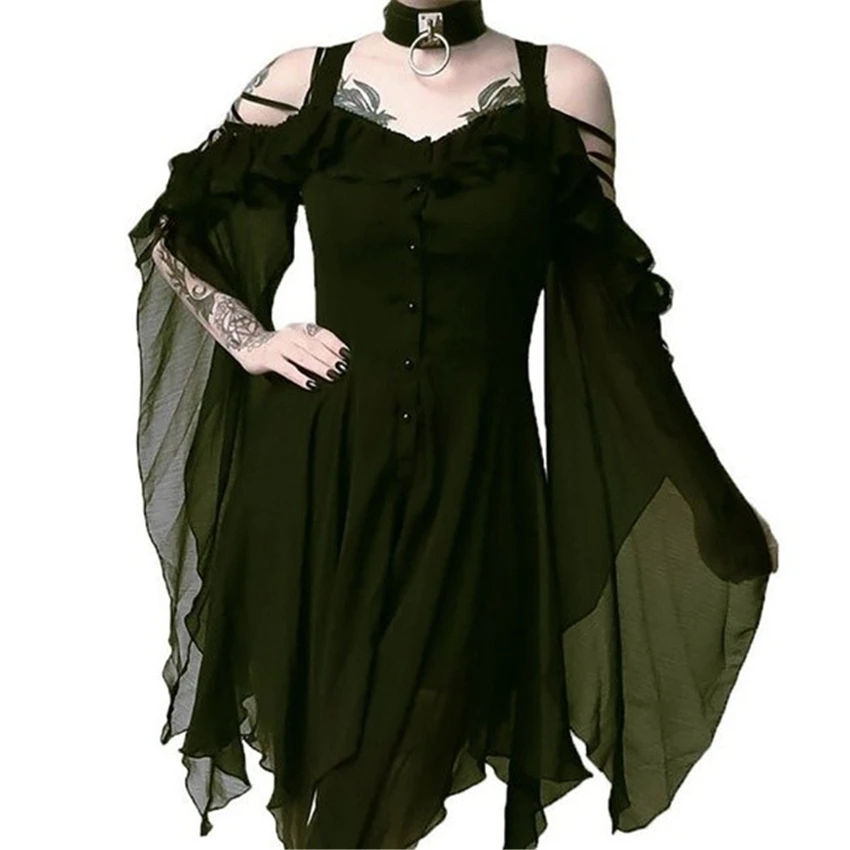 Средневековые готические костюмы вампира для косплея для женщин, винтажное платье с открытыми плечами, Необычные пуговицы, вечерние платья на Хэллоуин, Vestido