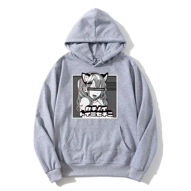 Waifu Material Hoodie Lewd Anime Face And Neko Girl Cosplay Men's Fleece Hoodies  Sweatshirt Streetwear Hip